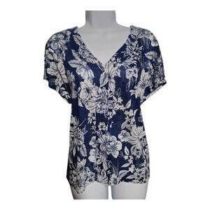 C&C California Linen‎ Floral V Neck Short Sleeve Top Womens Medium Blue White